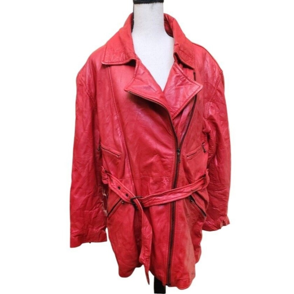 Excelled Vintage Red Leather Coat Belted Size Medium Full Zip